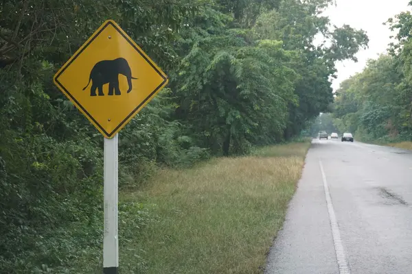 Elefánt figyelmeztetés aláírt, az autó-út mellett — Stock Fotó