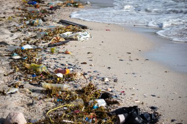 Güzel bir yaz gününde kumsaldaki çöpler. Pis çöpler, sahilde bırakılan çöpler..