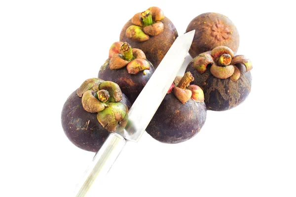 Ripe mangosteen and knife — Stock Photo, Image