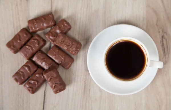 Delicious Chocolate Candies Coffee Wooden Background Top View — Stock Photo, Image