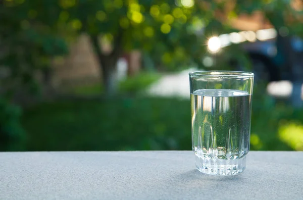 Bicchiere Acqua Potabile Sullo Sfondo Della Natura Verde — Foto Stock