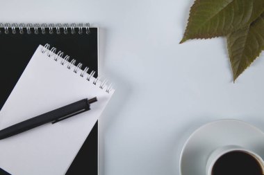 Not defteri, kalem ve kahve, beyaz arkaplan.