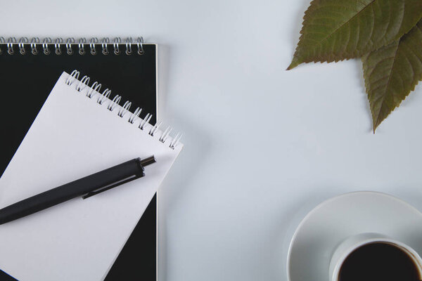 Notebook, pen and coffee, white background.
