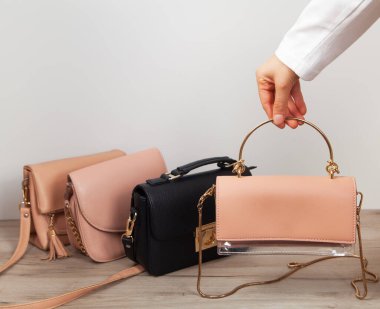 Güzel kadın çantaları koleksiyonu. Moda anlayışı. Kadın eli..