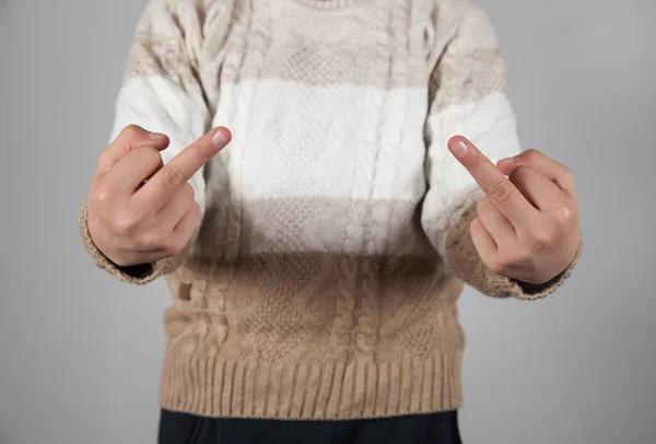 Boy Points His Middle Finger Impolite Rude Fuck Expression — Stok fotoğraf