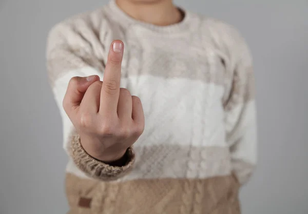 Boy Points His Middle Finger Impolite Rude Fuck Expression — Stok fotoğraf