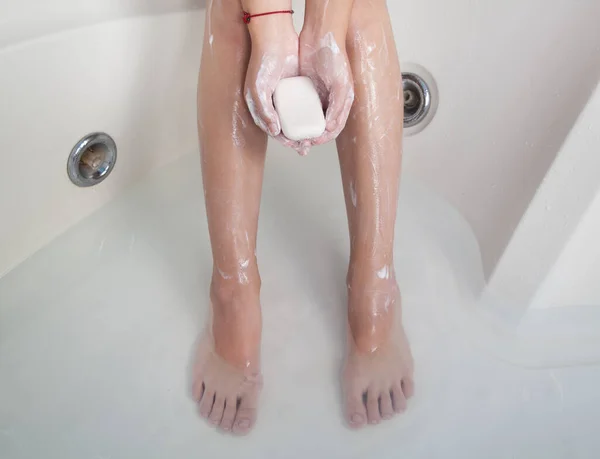 Woman Using Soap Bathroom Woman Legs — Stock Photo, Image