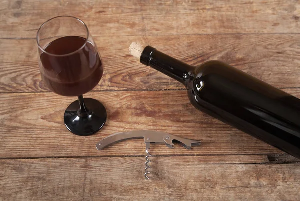 Bottle Glass Wine Corkscrew Wooden Background — Stock Photo, Image