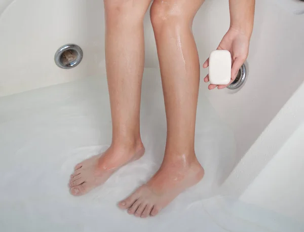 Woman Using Soap Bathroom Woman Legs — Stock Photo, Image