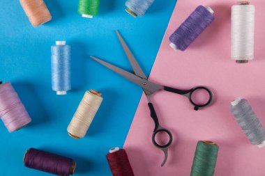 Pembe ve mavi arka planlarda izole edilmiş renkli iplikler ve makas. 