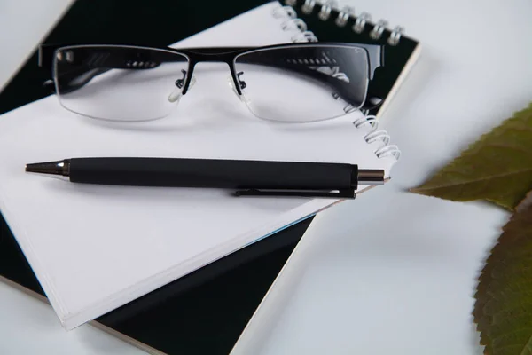 ノートのペンと眼鏡 白い背景 — ストック写真