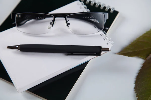 Notebook Pen Bril Witte Achtergrond — Stockfoto