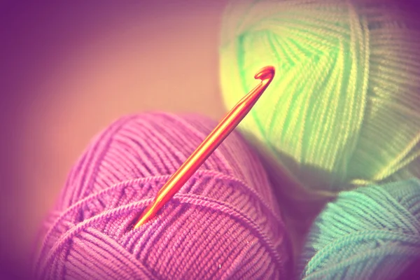 Yarn, knitting, balls, golden hook. Crochet — Stock Photo, Image