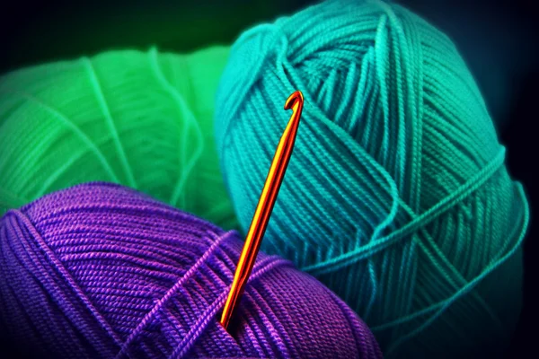 Yarn, knitting, balls, golden hook. Crochet — Stock Photo, Image