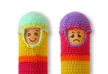 Knitted toys, funny and sad, opposite feelings, Roly Poly clipart