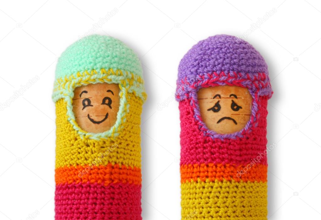 Knitted toys, funny and sad, opposite feelings, Roly Poly