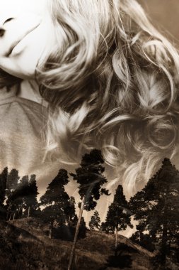 Double exposure, a girl with curls and forest clipart