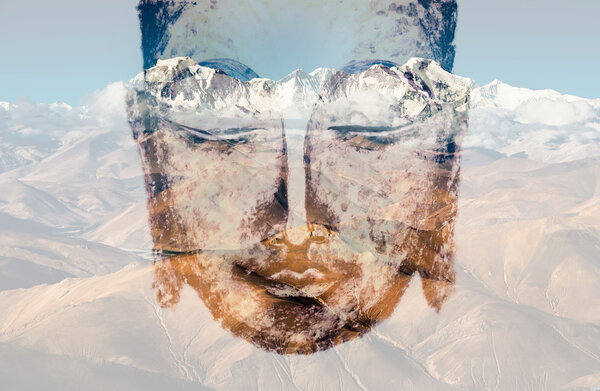 Double exposure, the Buddha and the mountains