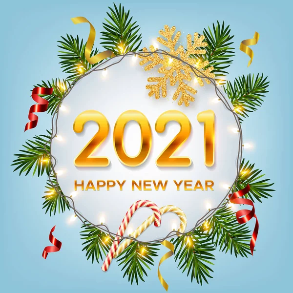 2021 Рік Новорічному Тлі Реалістичними Гілками Сосни Блискучими Гірляндами Цукерками — стоковий вектор