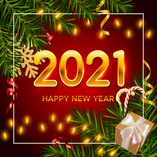 2021 Рік Новорічному Тлі Реалістичними Гілками Сосни Блискучими Гірляндами Подарунковою — стоковий вектор
