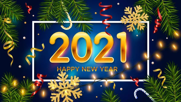 Nieuwjaar Kerst Blauwe Achtergrond Met Gouden Cijfers 2021 Realistische Dennentakken — Stockvector