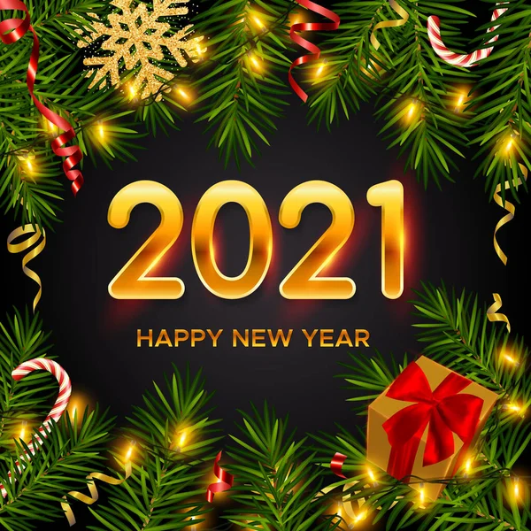 2021 Nieuwjaarsachtergrond Met Realistische Dennentakken Glanzende Bloemenslingers Geschenkdoos Snoepstokken Serpentijn — Stockvector
