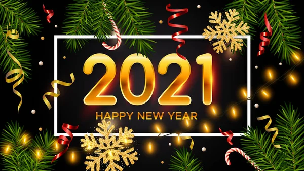 Nieuwjaar Kerst Zwarte Achtergrond Met Gouden Cijfers 2021 Realistische Dennentakken — Stockvector