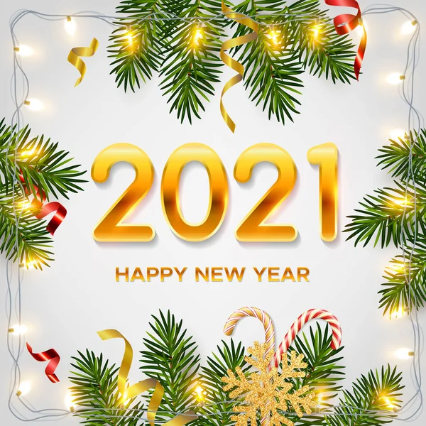 2021 Nieuwjaarsachtergrond Met Realistische Dennentakken Glanzende Bloemenslingers Snoepstokken Serpentijn Glitter — Stockvector
