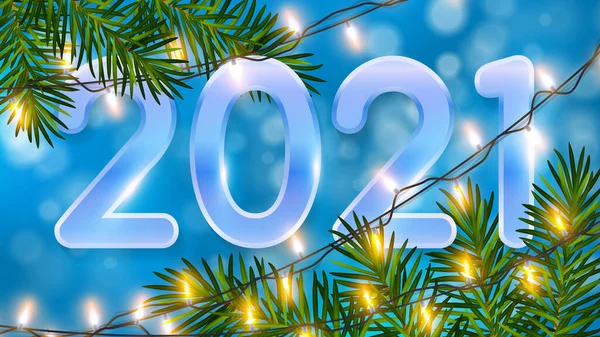 Blauwe kerstachtergrond met gloeiende bokeh, realistische dennentakken, glanzende bloemenslingers en cijfers 2021. Kerst achtergrond met lichte bloemenslingers voor de winter en nieuwjaar vakantie — Stockvector