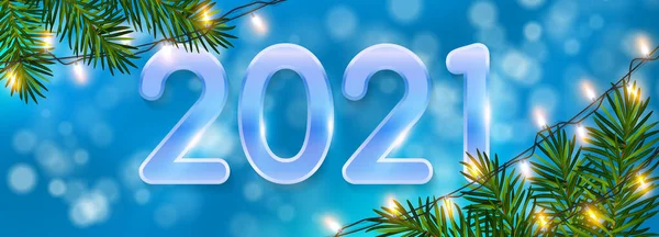 蓝色的圣诞背景 闪烁着亮晶晶的酒桶 现实的松树枝条 闪亮的花环和2021年的数字 圣诞背景 冬季和新年假期有轻便的花环 — 图库矢量图片