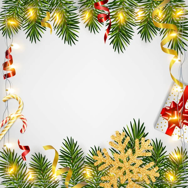 Karácsonyi Háttér Reális Fenyő Ágak Fényes Koszorúk Ajándékdoboz Cukorka Csillogó Stock Illusztrációk