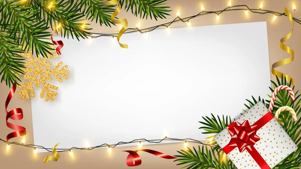 Рождественский Фон Реалистичными Сосновыми Ветвями Блестящие Гирлянды Коробка Подарков Конфеты — стоковый вектор