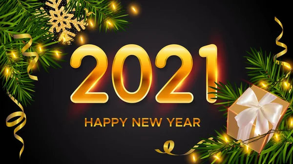 2021年新年背景金黄色数字2021 现实的松树枝条 礼品盒 闪闪发光的金银花和金银花 新年及圣诞海报 — 图库矢量图片