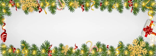 Weihnachtlicher Hintergrund Mit Realistischen Tannenzweigen Leuchtenden Girlanden Geschenkschachtel Bonbons Glitzernden — Stockvektor