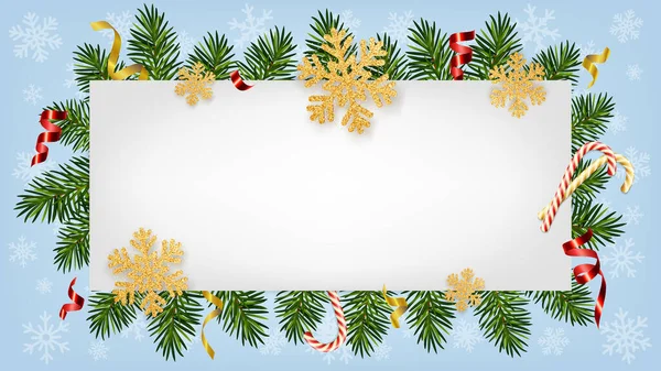 Різдвяний Новорічний Фон Реалістичними Гілками Сосни Цукерками Серпантином Блискучими Золотими — стоковий вектор