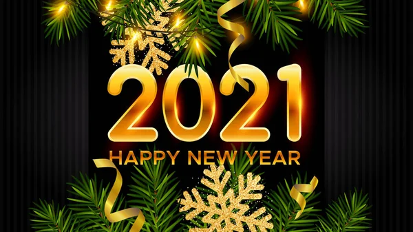 2021 рік Новий фон із золотими номерами 2021 року, реалістичні гілки сосни, блискучі гірлянди, блискучі золоті сніжинки та мішура. Новорічно-різдвяний плакат, вітальна листівка, банер — стоковий вектор