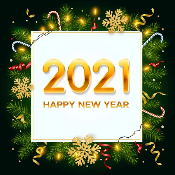 Nieuwjaar 2021 Achtergrond Met Dennentakken Gouden Sneeuwvlokken Glanzende Bloemenslingers Snoepstokken — Stockvector