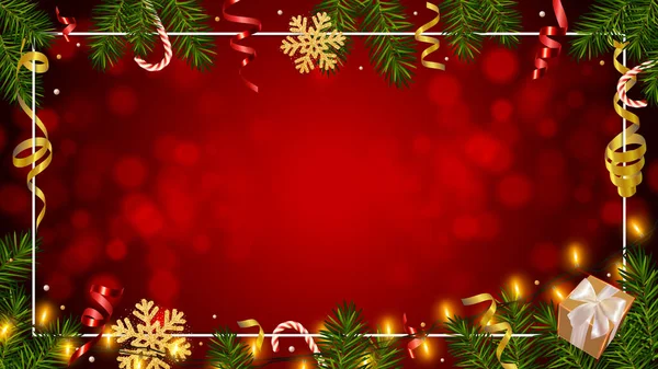 Χριστούγεννα Κόκκινο Φόντο Ρεαλιστικά Κλαδιά Πεύκου Λάμπει Γιρλάντες Δώρα Κουτί — Διανυσματικό Αρχείο