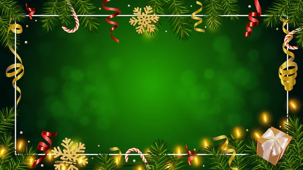 Fondo Verde Navidad Con Ramas Pino Realistas Guirnaldas Brillantes Caja — Archivo Imágenes Vectoriales