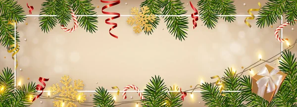 크리스마스 배경에는 현실적 소나무 빛나는 눈송이 얼룩이 크리스마스와 포스터 현수막 — 스톡 벡터