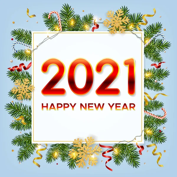Nieuwjaar 2021 Achtergrond Met Dennentakken Gouden Sneeuwvlokken Glanzende Bloemenslingers Snoepstokken — Stockvector
