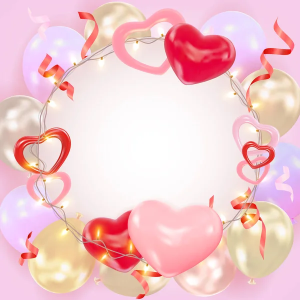 День Святого Валентина Фон Сердечками Повітряними Кулями Сяючими Гірляндами Мішурою — стоковий вектор