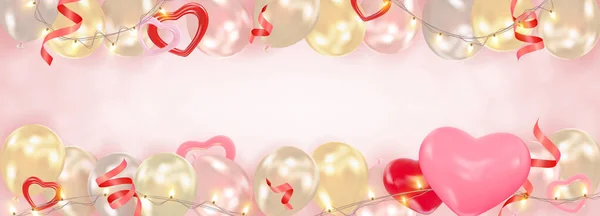 Valentinstag Hintergrund Mit Herzen Luftballons Leuchtenden Girlanden Lametta Romantische Komposition — Stockvektor