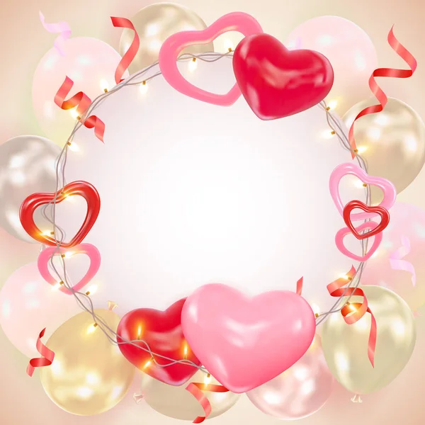 День Святого Валентина Фон Сердечками Повітряними Кулями Сяючими Гірляндами Мішурою — стоковий вектор