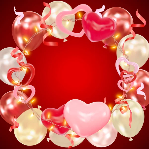 Dia Dos Namorados Fundo Vermelho Escuro Com Corações Balões Guirlandas — Vetor de Stock