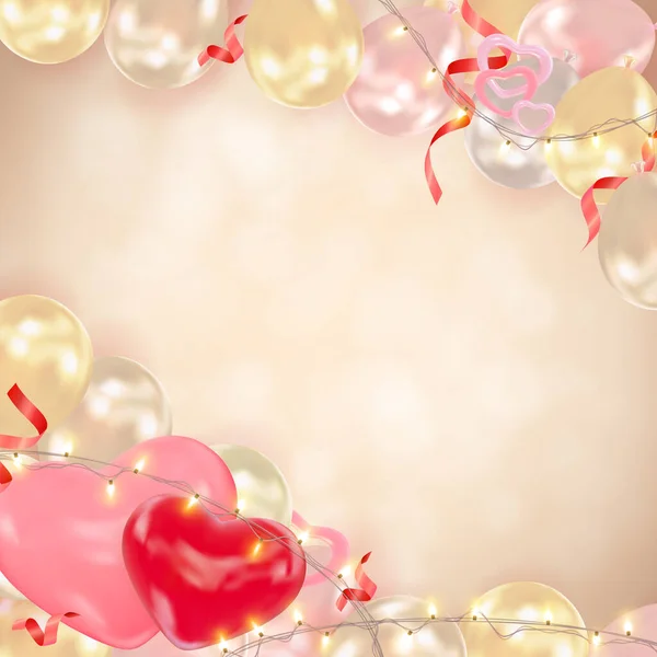 Dia Dos Namorados Fundo Com Corações Balões Guirlandas Brilhantes Ouropel — Vetor de Stock