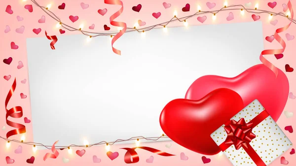 День Святого Валентина Реалістичними Повітряними Кулями Серцями Сяючими Світильниками Подарунковими — стоковий вектор