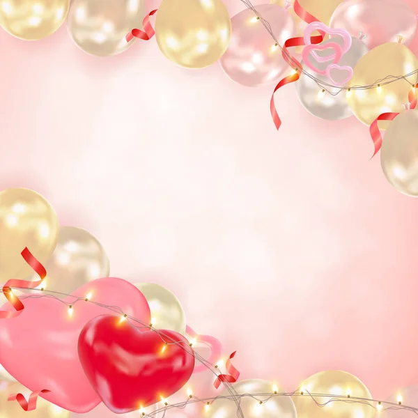 Sevgililer Günü Arka Planında Gerçekçi Hava Balonları Kalpler Parlak Işık — Stok Vektör