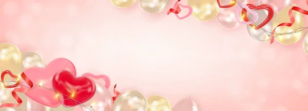Sevgililer Günü Arkaplanı Kalpler Balonlar Parlak Çelenkler Süslemeler Yazı Için — Stok Vektör