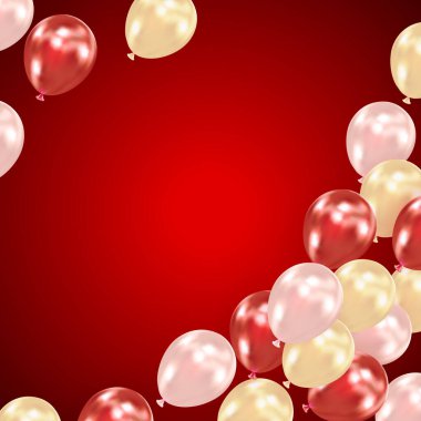 Helyum balonları ile koyu kırmızı şenlik arka planı. Parti için tatil tasarımı, doğum günü, yıldönümü, sevgililer günü, düğün. Tebrik kartı, afiş, poster, davetiye, el ilanı şablonu